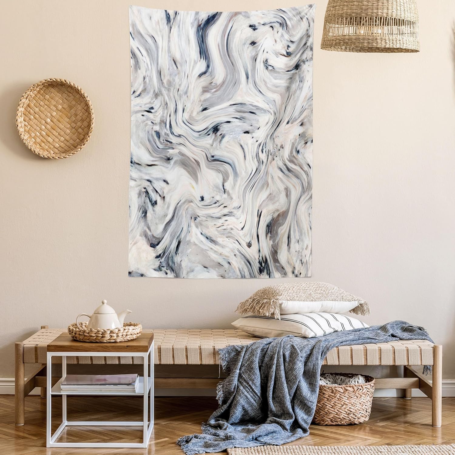 Ambesonne Marble Print Tapestry, Japanese Marble Motif Artisan Pigment Effects Interior Stucco Design, Wall Hanging for Bedroom Living Room Dorm Decor, 60" X 80", Beige Grey Bluegrey