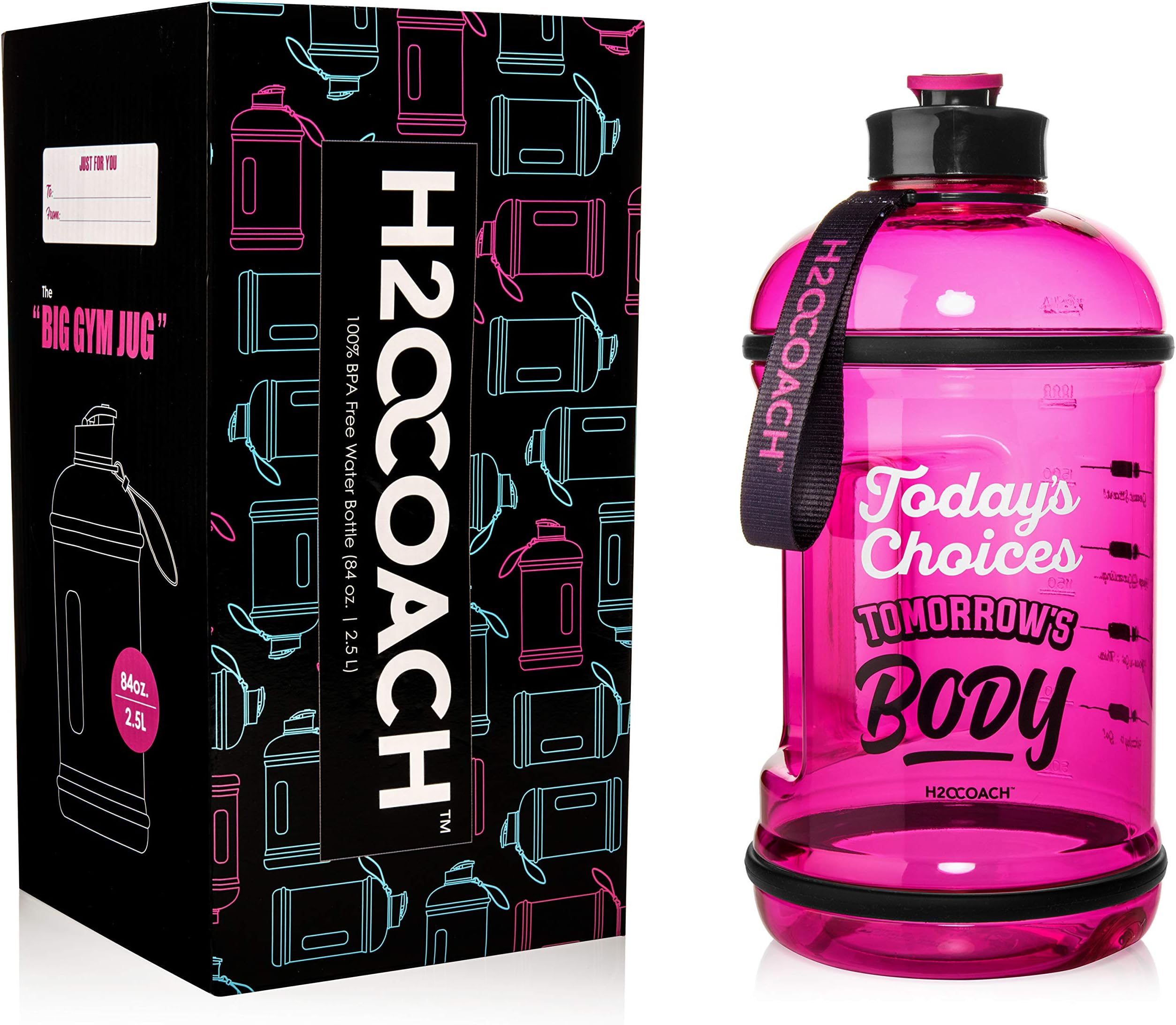 H2OCOACH Half Gallon Sports Water Bottle with Time Marker | Motivational 2.5 Liter, Reusable BPA Free Jug (84 oz)