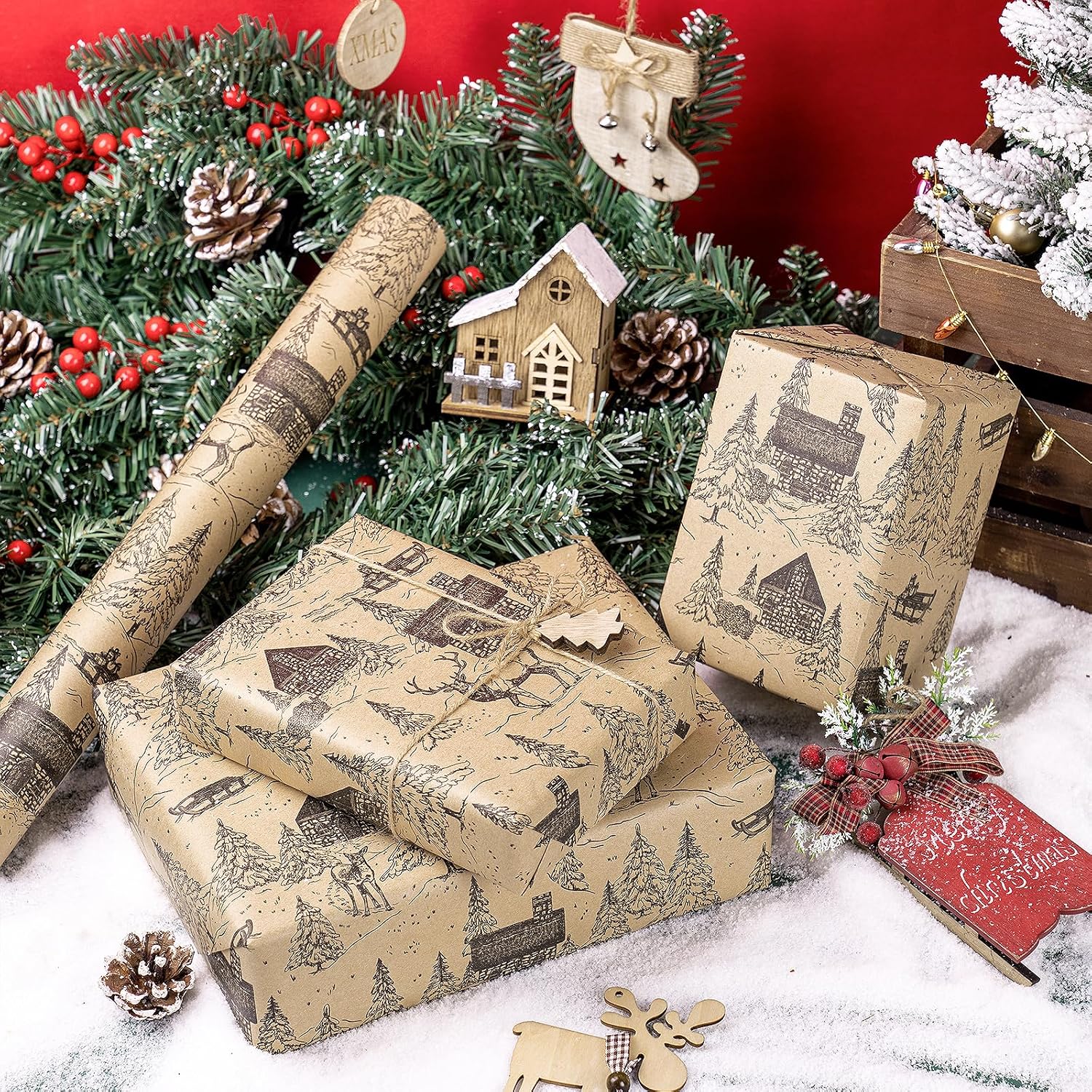 RUSPEPA Kraft Christmas Wrapping Paper Roll, Mini Roll, Vintage Black Winter Cabin and Forest Scene Design, Rustic Holiday Gift Wrap for Women, Men, Xmas Gifts, Winter Party, 17 Inches x 16.4 Feet image 5