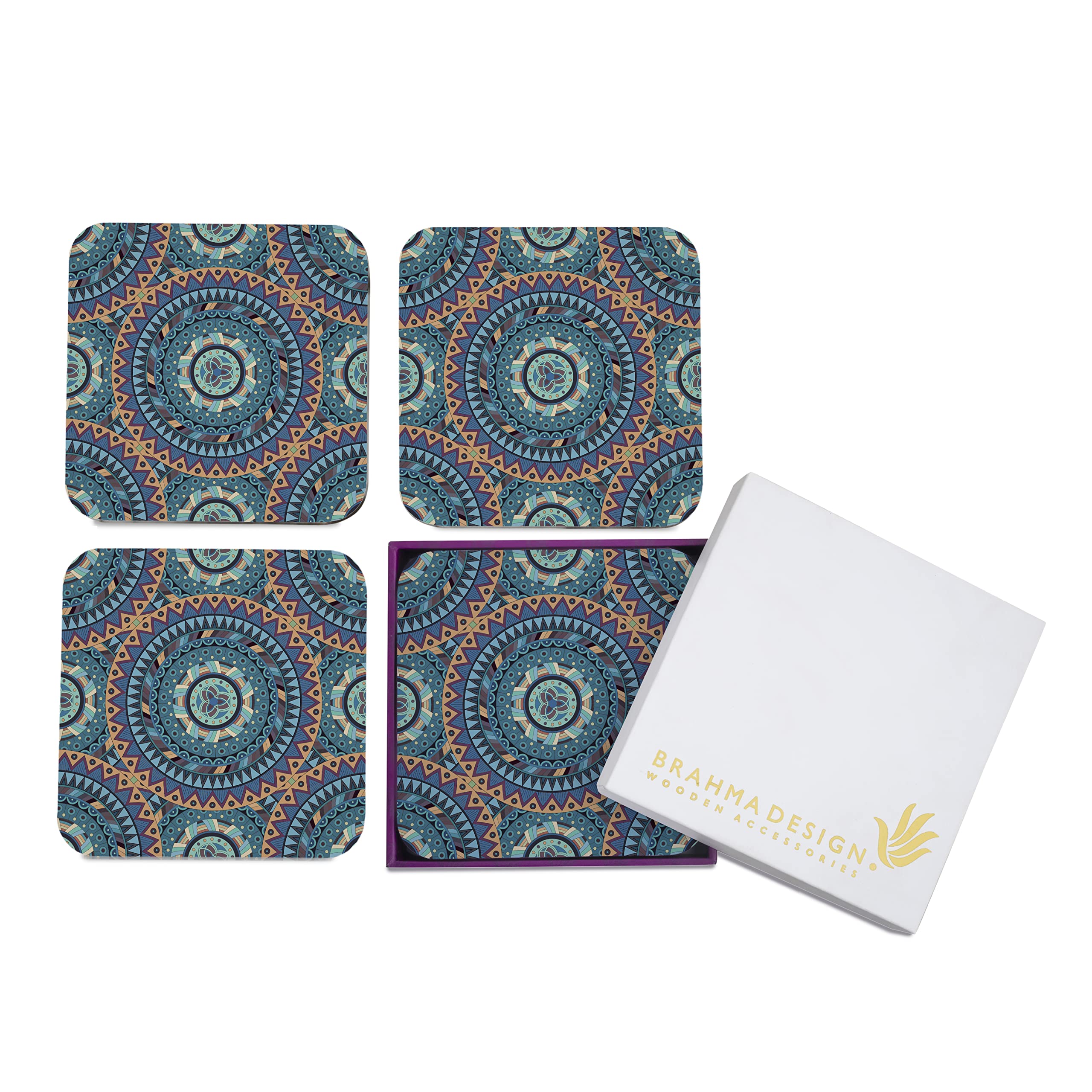 BRAHMA DESIGN Wooden Coaster Set with Gift Box | Blue Mandala Design | Set of 4 Tabletop Square Coasters 3.75" x 3.75" | Kitchen Table Wooden Decorative Items | for Cups, Mugs, Cans, Glasses (B08RRQ5FNX) Amazon Price History, Amazon Price Tracker