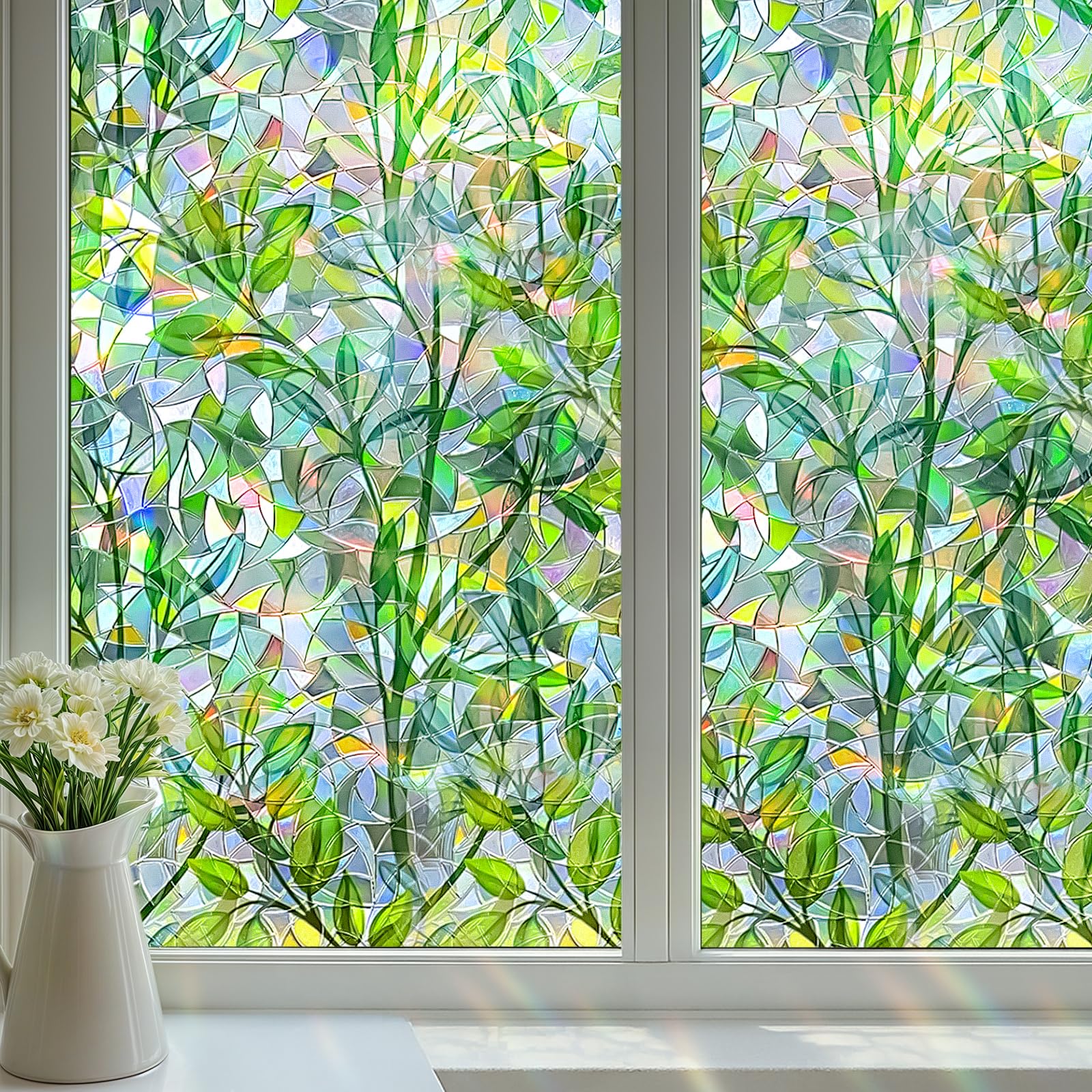 DARUITE Stained Glass Window Film, Green Leaf Pattern Window Film Privacy, Static Cling without Glue Anti UV Decorative Privacy Film for Glass Windows for Home, Office 60x200cm — image 1
