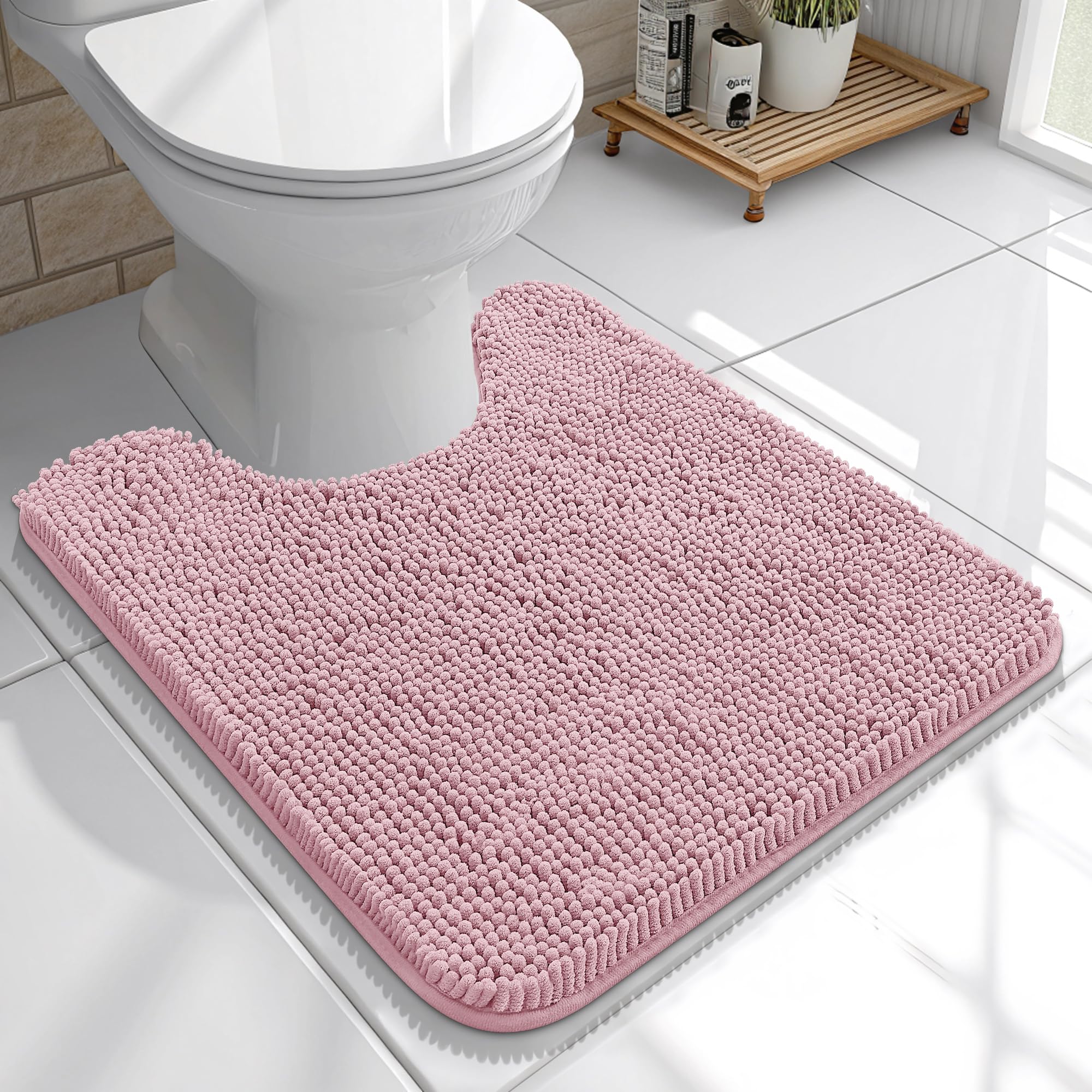 OLANLY Toilet Rugs U-Shaped 20x20, Soft Absorbent Chenille Contour Rugs | Dusty Rose, Quick-Drying Rubber Backing, Machine Washable Non-Slip Shaggy Bathroom Mat for Toilet, Home Decor Accessories