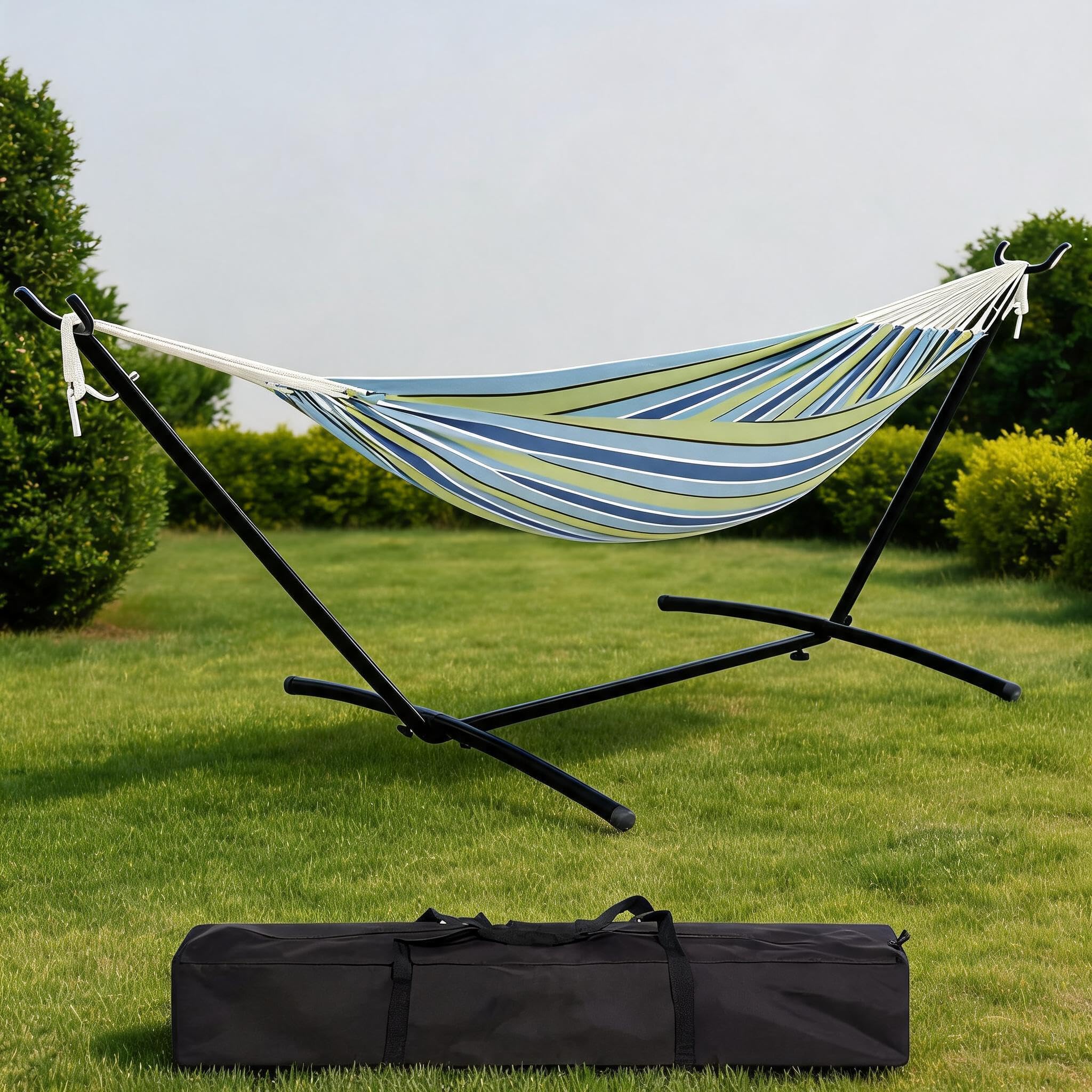 Folding Hammock with Stand Cushion, T-Frame, Outdoor, Blue Green Stripes