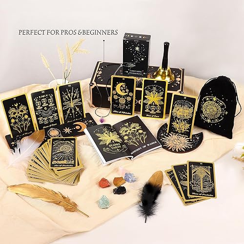 Miniatura 5 de 78 cartas de tarot con guía  Juego de regalo de tarot negro con tela de tarot y soporte, piedras de chakra y más, cartas de tarot, juego de