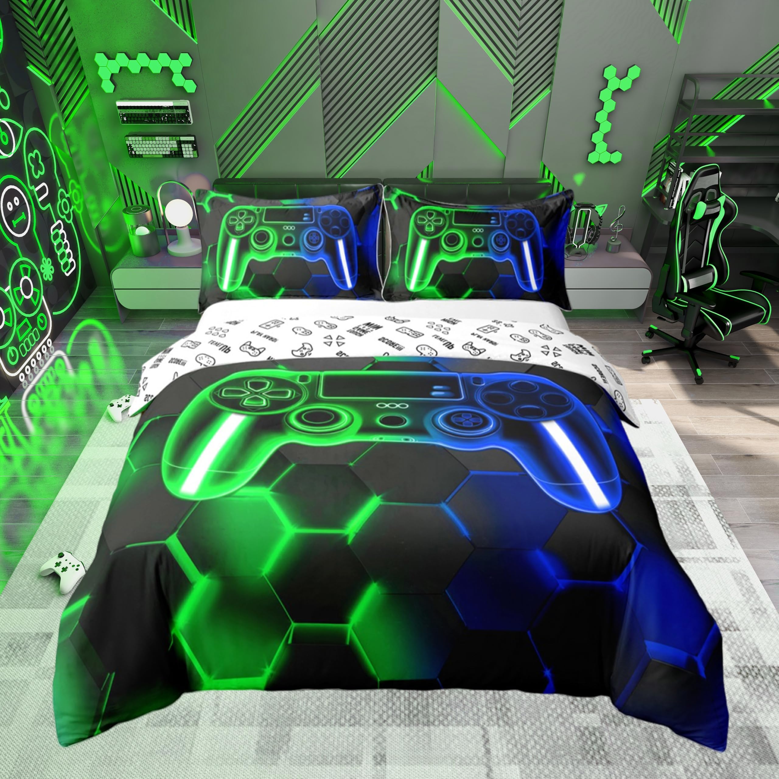 Gamer Duvet Cover Gaming Bedding Set for Kids Boys Girls Teens Room Decor Green Blue Game Console Comforter Cover Single Size Gamepad Honeycomb 2Pcs Zipper Breathable Soft Lightweight Microfiber