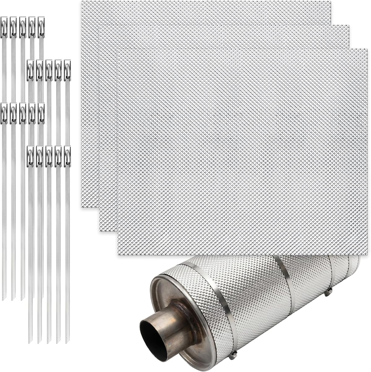 3 Pack Exhaust Heat Shield, 13 x 16IN Embossed Aluminum Heat Shield Kit with 20PCS Cable Metal Ties for Car Muffler Exhaust Wrap Heat Pipe High Temp Thermal Barrier