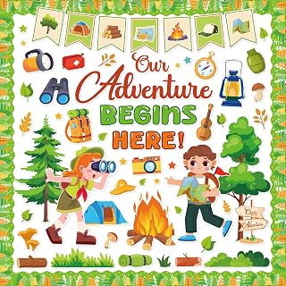 84Pcs Camping Bulletin Board Decorations Set, Camping Adventure Bulletin Board Decor, with Border Trims for School Classroom Door Home Wall, Back to School Decorations