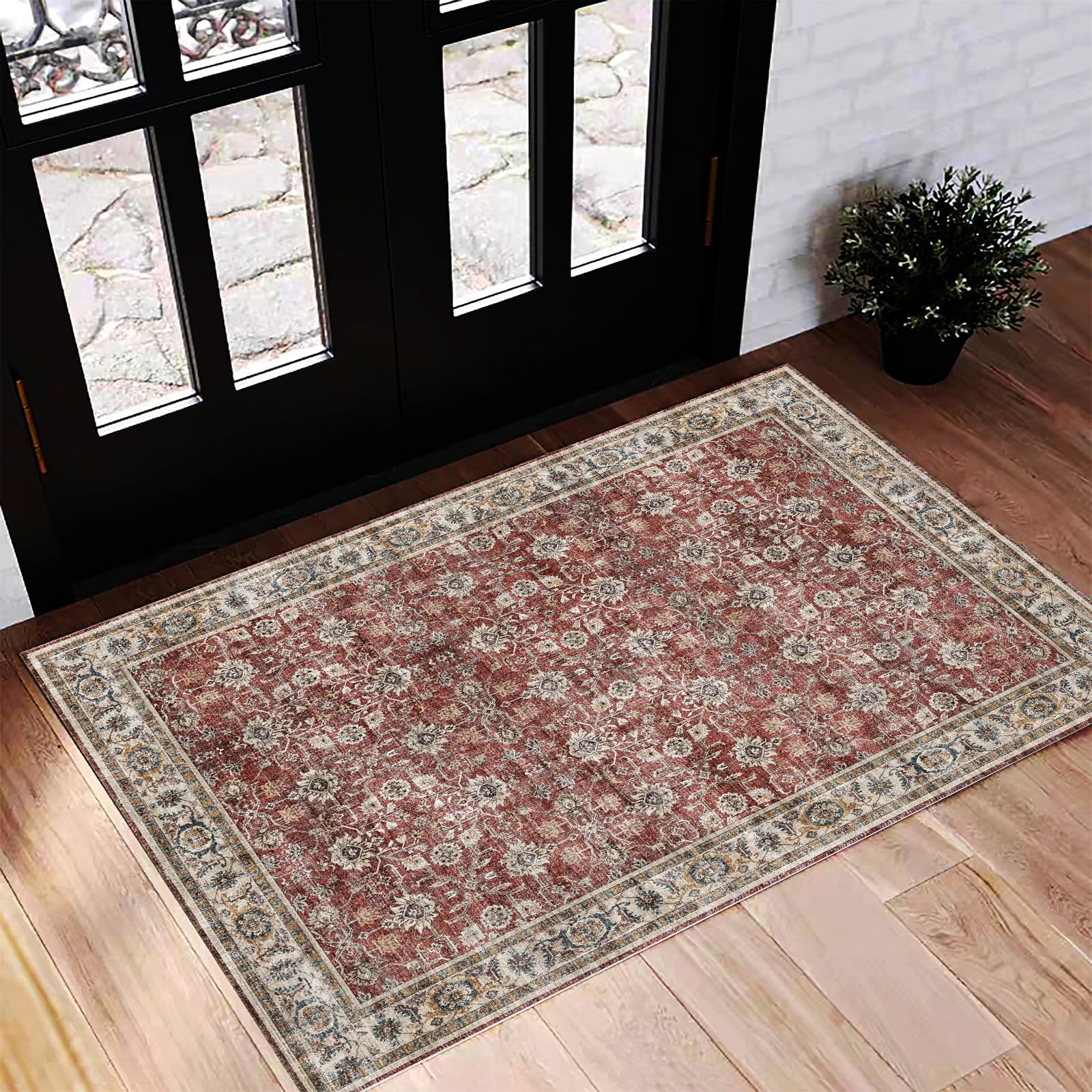 CHAMPLANT Washable Area Rug 2'x3' Door Mat Vintage Distressed Doormat Indoor Entrance Traditional Thin Rug Floral Print Non Slip Carpet for Kitchen Bathroom Bedroom Living Room โ image 1