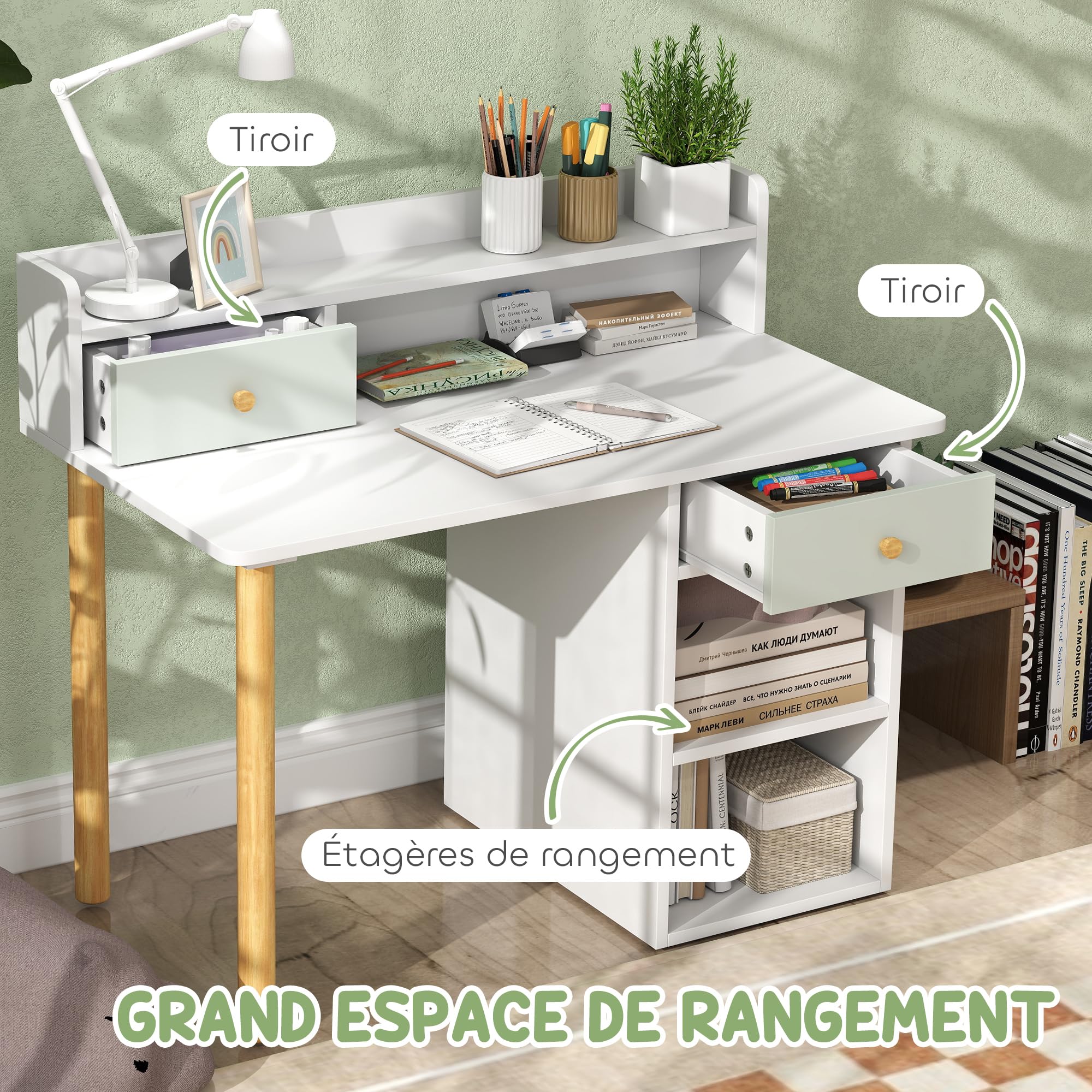 AIYAPLAY Bureau Enfant avec Chaise, Table et Chaise avec 2 Tiroirs, Large Plateau et Étagères Ouvertes, Table pour Étude, Travail et Écriture, pour Garçons et Filles de 3 à 8 Ans, 85x48x73cm, Vert