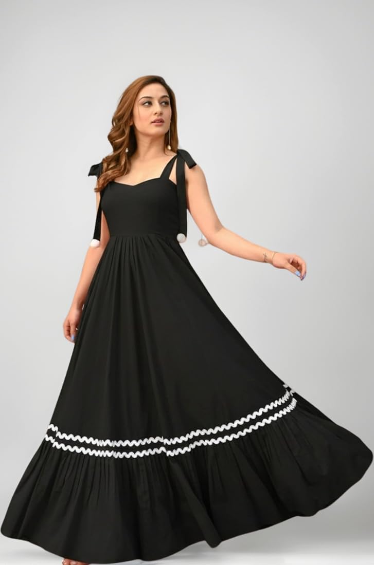 Buy CS Women's Long Maxi Gown with Shoulder Ribbon Tie-Up Dress