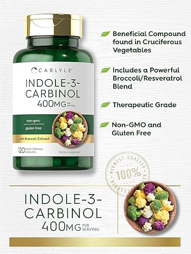 Miniatura 3 de Carlyle Indole-3-Carbinol (I3C) 400mg | 120 Cápsulas | Fórmula avanzada con extracto de brócoli | Sin OMG, sin gluten