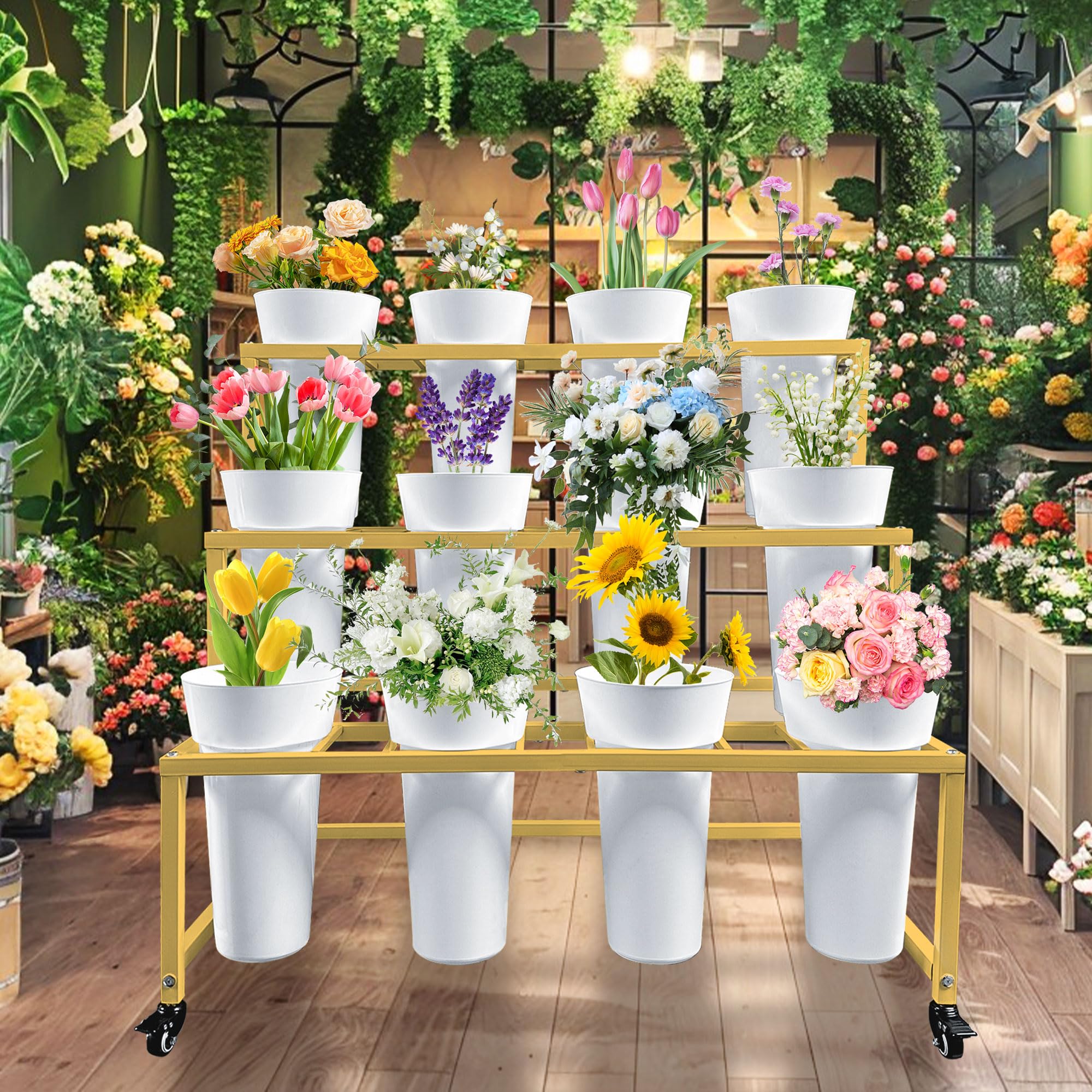 Blumenständer Mit 12 Eimern & 3 Ebenen – Goldener Metall-Wagen Mit Rädern Für Garten, Terrasse, Hochzeit (innen/außen)