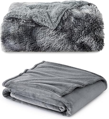 Bedsure Manta de piel sintética y manta de forro polar, tamaño individual, color gris