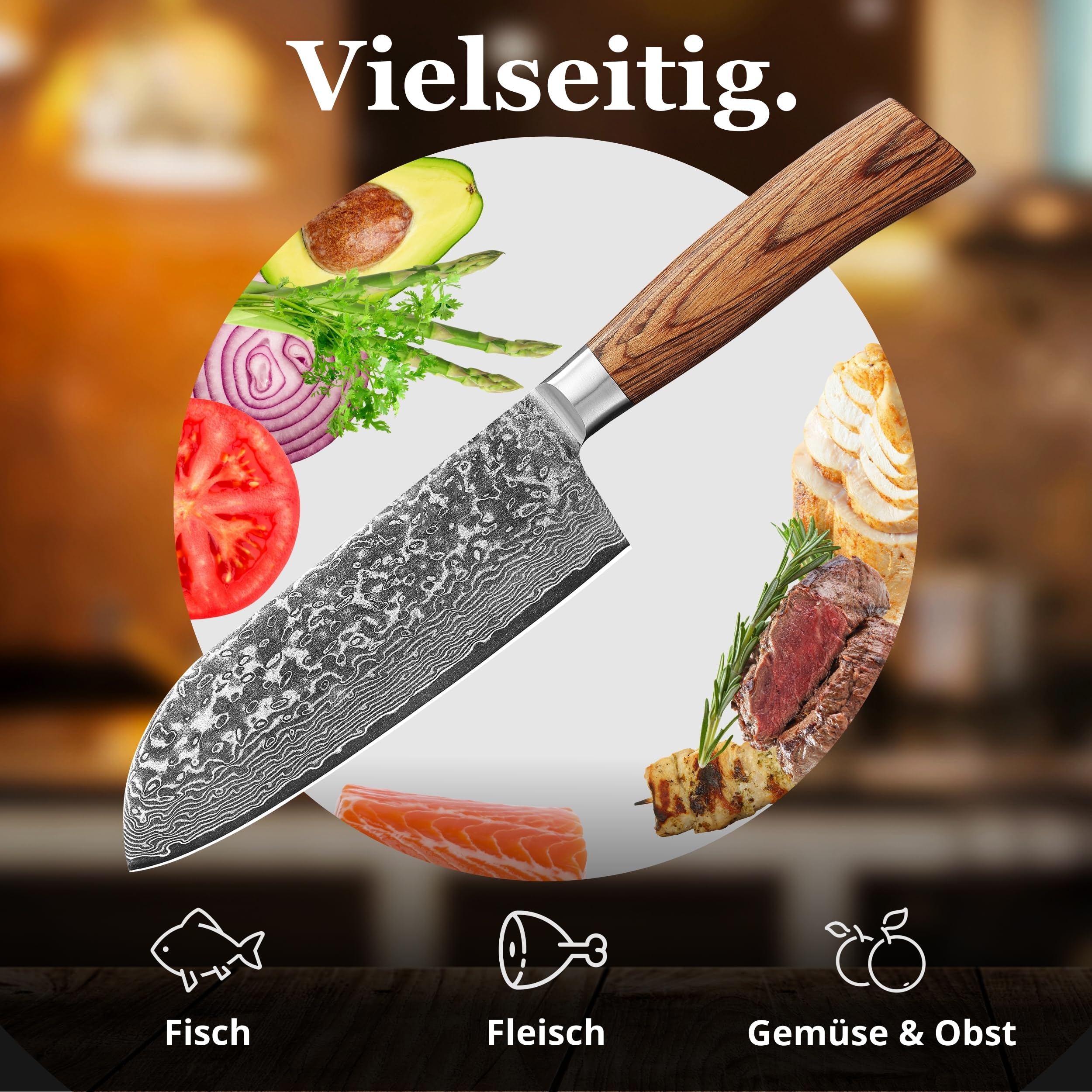Wakoli EDIB Pro Santokumesser, 17 cm Klinge aus Damaststahl mit VG10 Kern | 67 Lagen, 60 ± 2 HRC, 32 cm Gesamtlänge, Pakkaholzgriff und Geschenkbox; beidseitiger V-Schliff für Fleisch, Fisch und Gemüse
