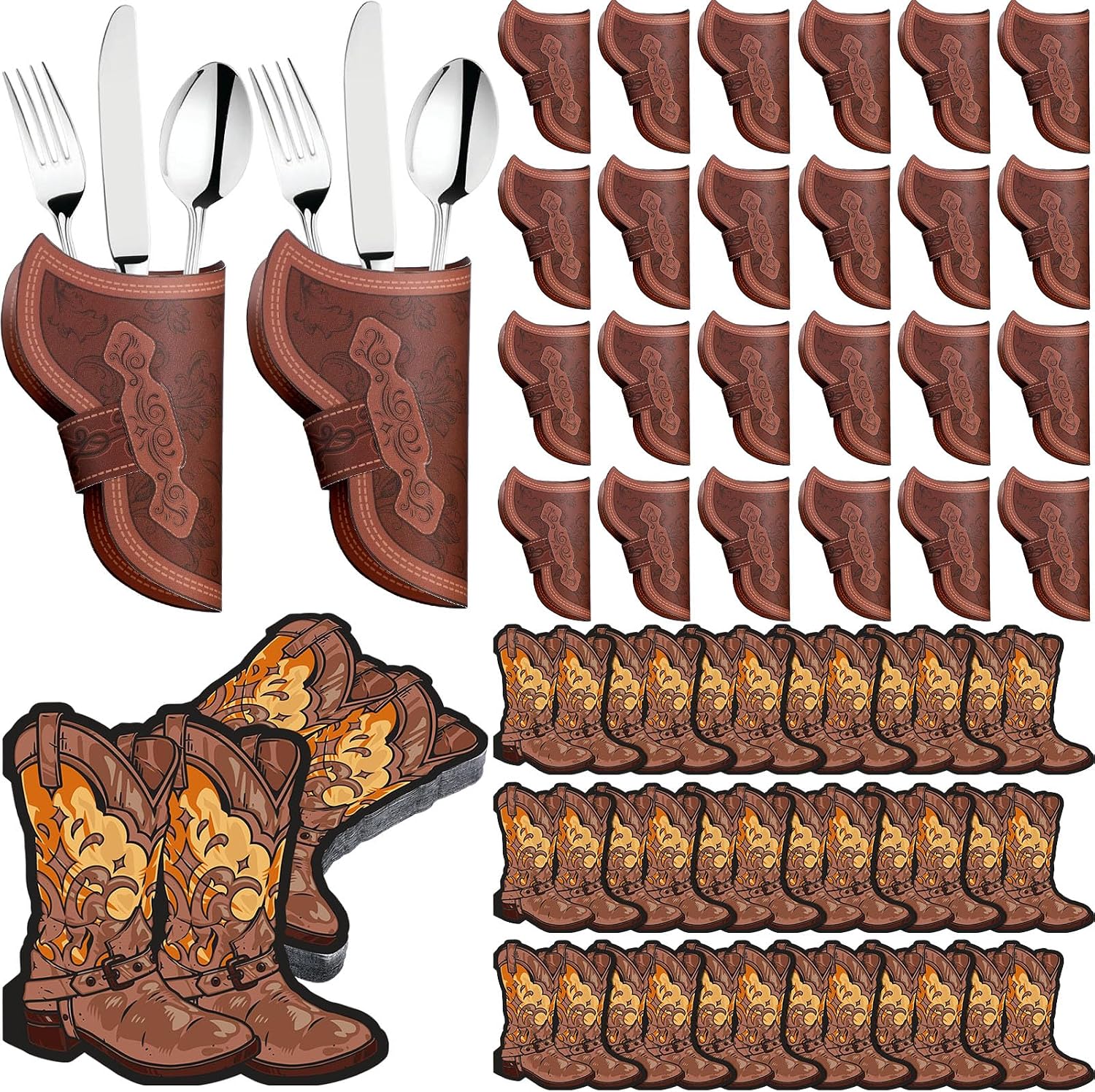 Honeydak 48 Pcs Western Party Supplies, 24 Cowboy Holster Silverware Holders and 24 Cowboy Boot Napkins Cardstock Brown Cutlery Sleeve, Western Cowgirl Napkins for Birthday Lunch Dinner Table Decor