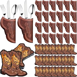 Honeydak 48 Pcs Party Supplies Western Silverware Set Boot Western Napkins | Western Party Table Decor, Cutlery Sleeves for Birthday Lunch Dinner, Cowgirl Boot Napkins, Holsters for Utensils