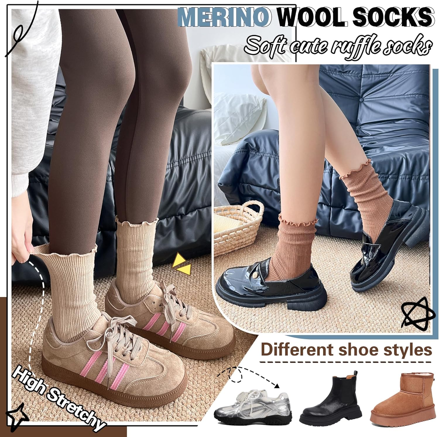 Thin Merino Wool Ruffle Boot Socks Warm Winter Cozy Frilly Soft Casual Breathable Socks for Womens 5 Pairs - Image 4