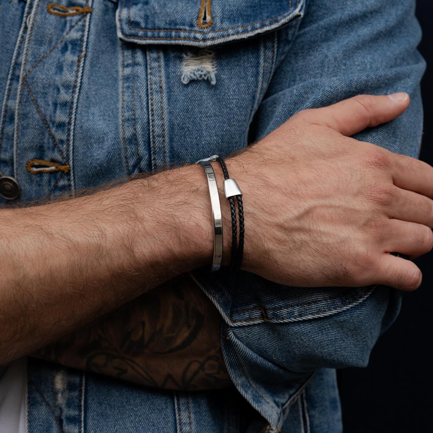 Forge & Foundry Men's Adjustable Black Braided Leather Bracelet | Highly Polished or Brushed Black Sliding Clasps | Design-Led, Artisan Jewelry from London | Trinity - Image 6