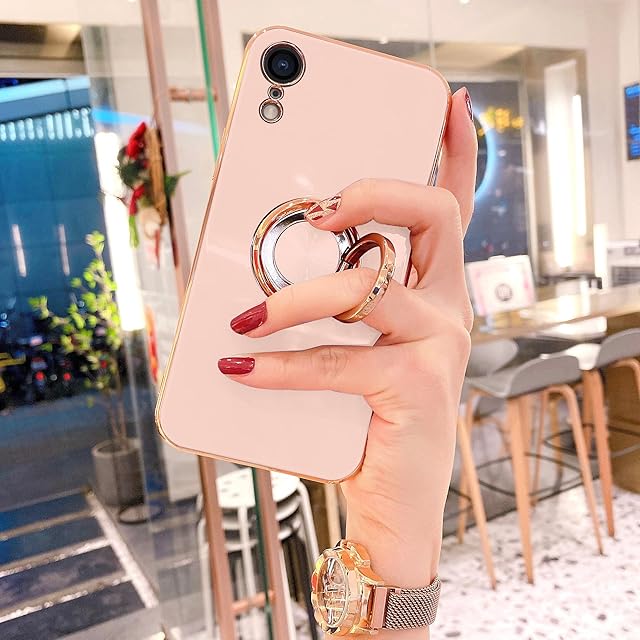 OWM iPhone XR Case with Ring Holder Stand Magnetic Back Silicone Shockproof Gold Edge Luxury Designer Girls Women Soft Protective Phone Cover Compatible for iPhone XR (Blush Pink)