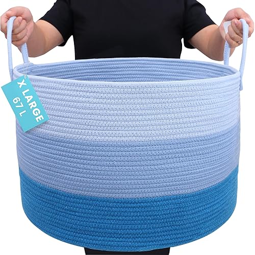 OrganiHaus Large Woven Storage Basket for Blankets and Toys 20" x 13" Inch, Rope Laundry Basket with Handles, Cushions & Pillows Storage Bin, Nursery Hamper, Soft Round Dog Toy Bin - Blue