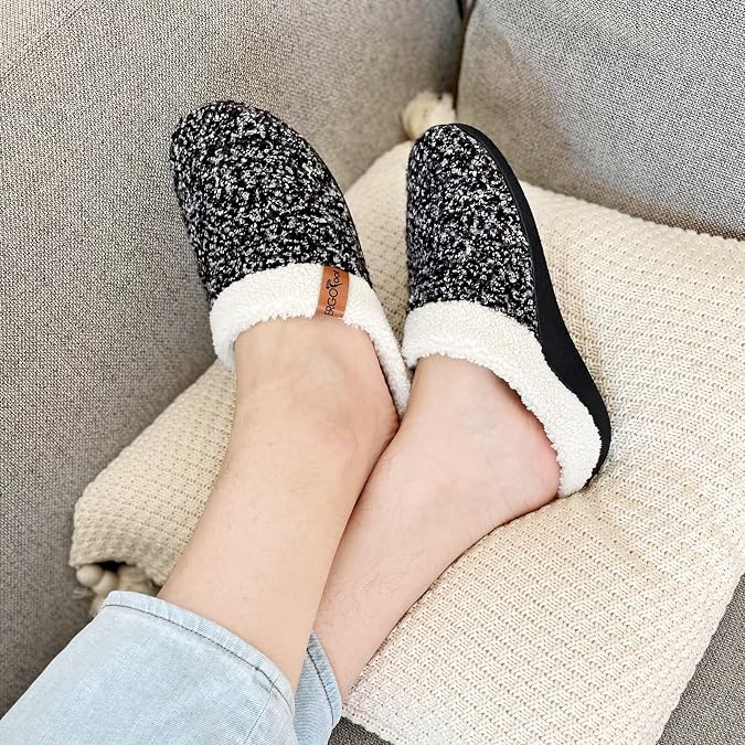 ERGOfoot Orthopedic Slippers with Arch Support, Slip-On Knit Soft Sherpa Lining House Slipper, Plantar Fasciitis Relief, Orthotic House Shoes with Indoor Outdoor Anti-Skid Rubber Sole