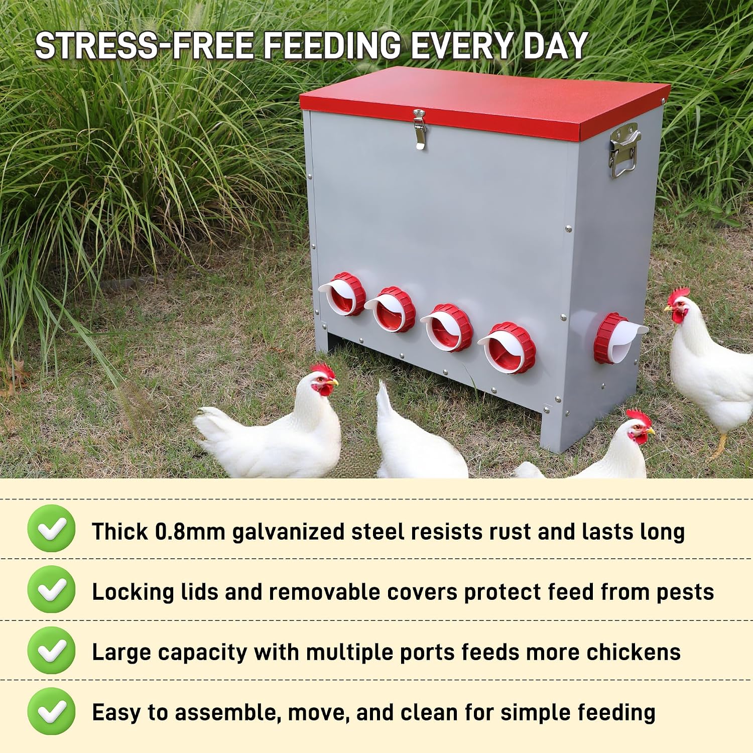 Large 85LB Automatic Chicken Feeder No Waste, Rat Proof Metal Poultry Feeder with 10 Feeding Ports, Rust-Proof Galvanized Steel Auto Chicken Feeder with Locking Lid for Chickens, Geese, Duck & Poultry