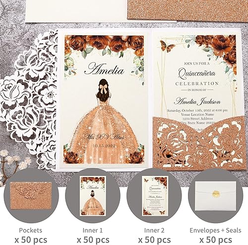 Vista 92 de DORIS HOME 50 bolsillos de invitación de boda cortados con láser con sobres azules, tarjetas de invitación de 5.12 x 7.12 pulgadas para boda