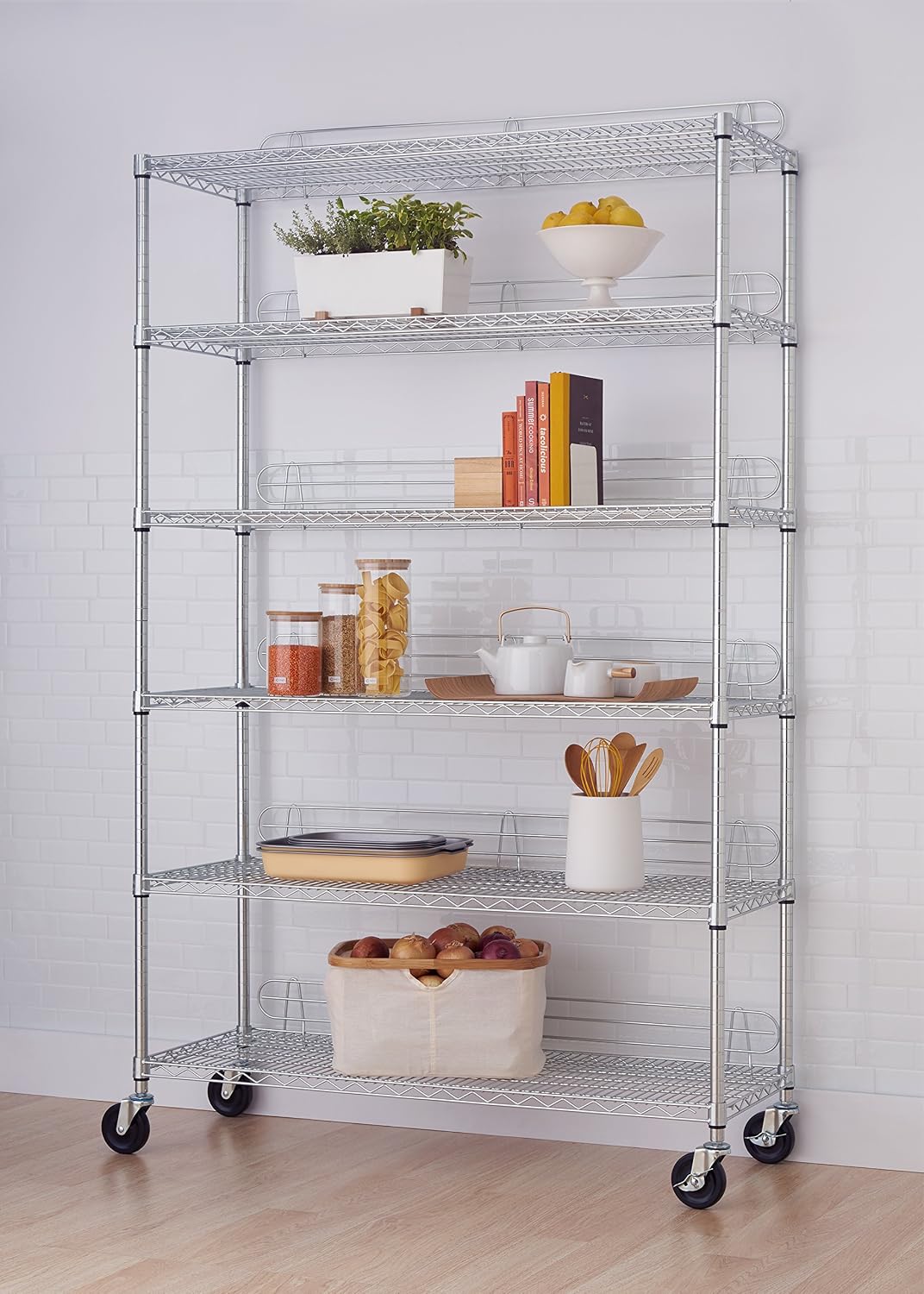 TRINITY EcoStorage Heavy Duty 6-Tier Adjustable Wire Shelving with Wheels and Backstands for Kitchen Organization, Garage Shelving, NSF Certified, 48” W x 18” D x 72-77” H, 800-4800 lb Capacity Chrome