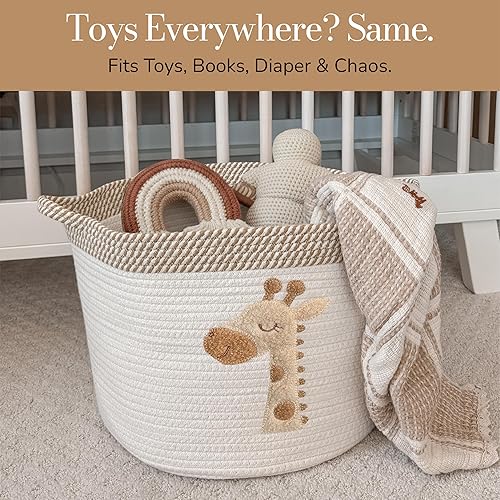 Miniatura 4 de Cesta de almacenamiento de jirafas para guardería, cubo grande de cuerda de algodón de 15 x 11 pulgadas con parche de animales de fieltro suave,