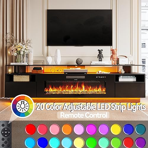 Miniatura 4 de Soporte de TV con chimenea de 70 pulgadas con chimenea eléctrica de 36 pulgadas, centro de entretenimiento con estación de carga y consola de luz