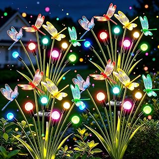 VOOKRY Dragonfly Solar Garden Lights Outdoor (4 Pack, 24 LEDs), Dragonfly Outdoor Decor with Solar Firefly Lights Waterproof Swaying Light for Yard Patio Pathway Gardening Gift for Women, Multicolor