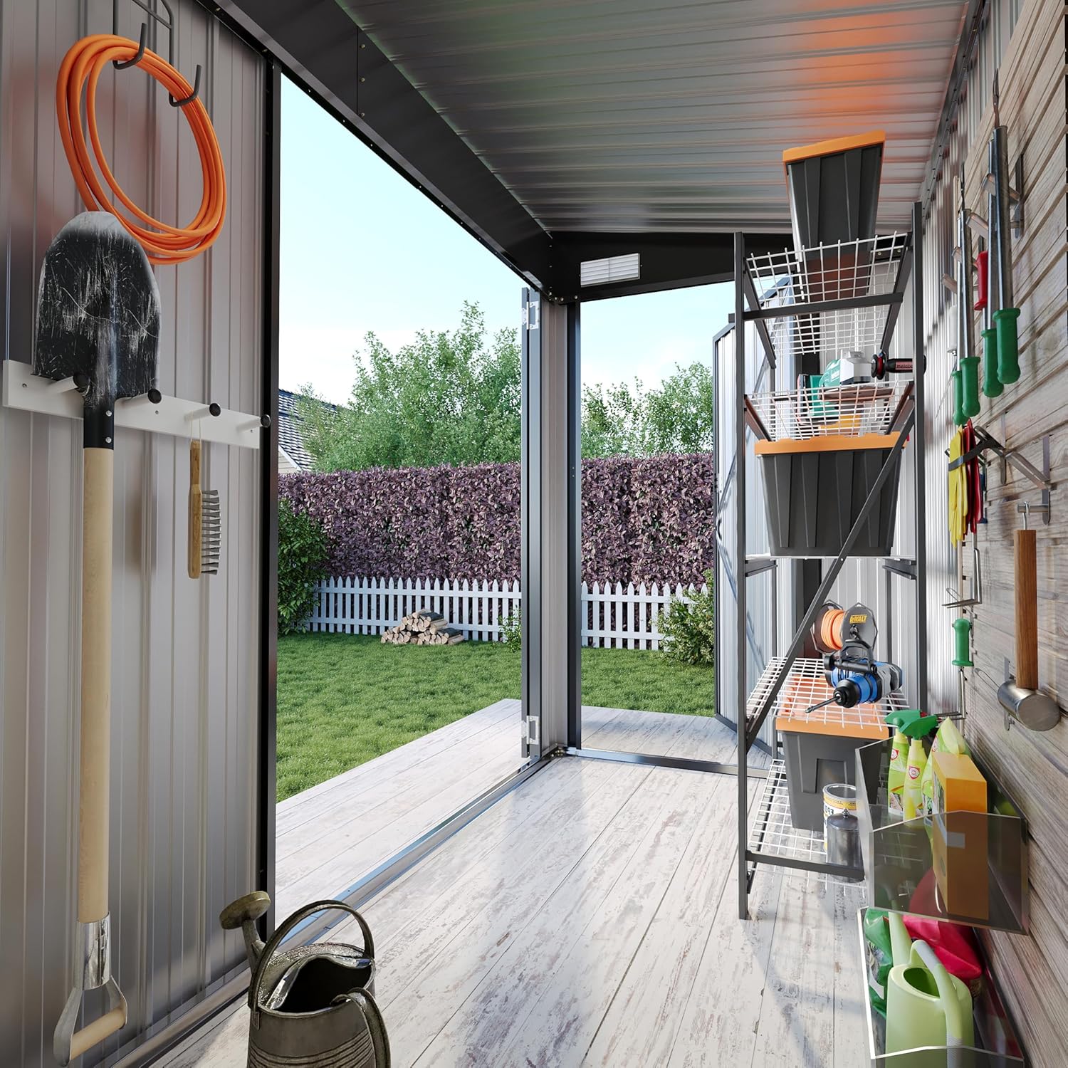 Interior view of the Aoxun 4x8 outdoor storage shed, showing organized tools and shelving.