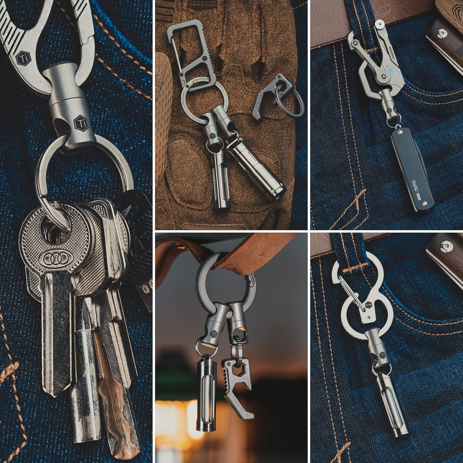 KeyUnity KM08 Titanium Carabiner Keychain Clip & KA07 Swivel Key Clip Split Ring Connector Bundle