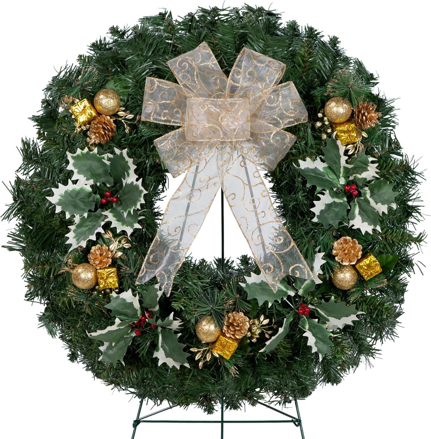 Sympathy Silks - Flowers for Cemeteries - Artificial Christmas Wreath - Blue Decorations with White Poinsettia and Silver Bow (1) Wreath (1) Easel
