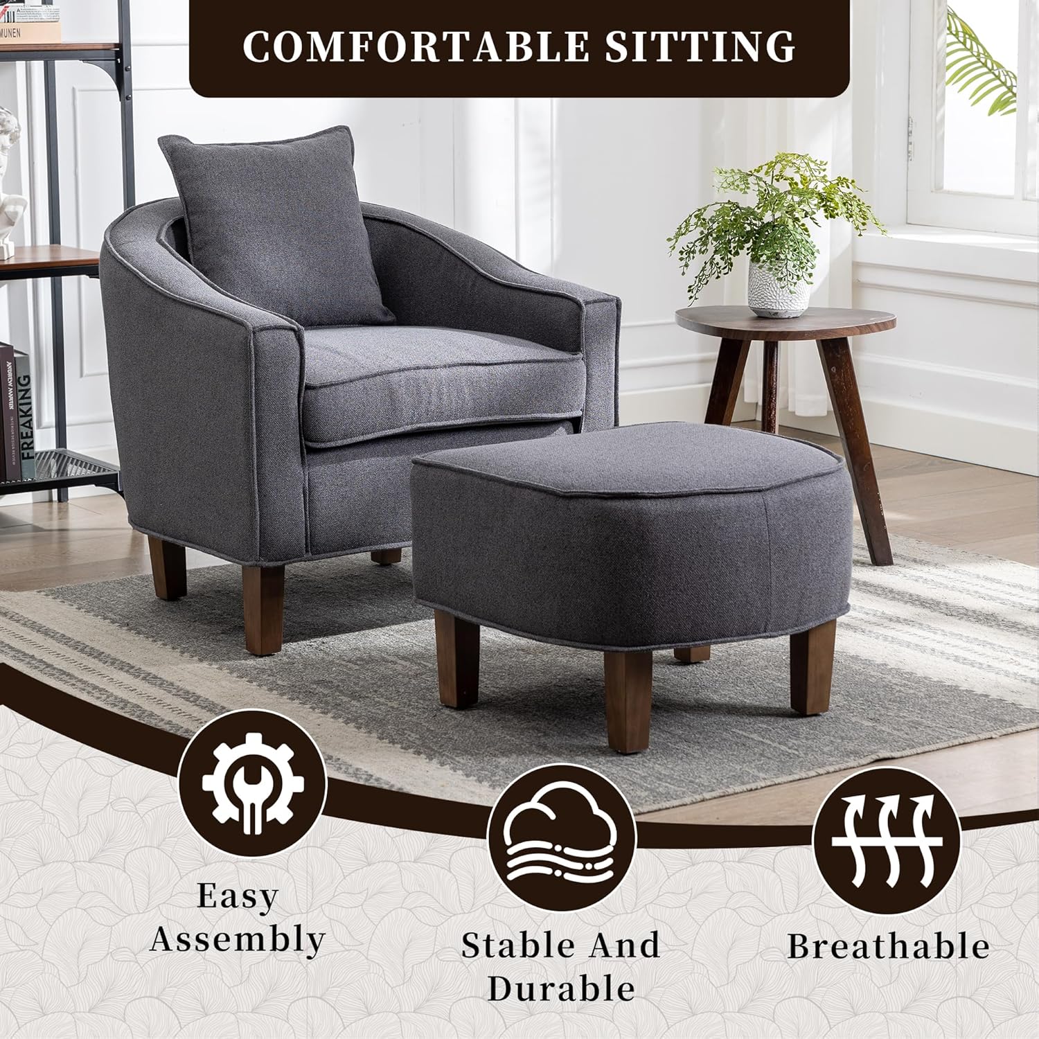 QQU Accent Sofa Chair with Ottoman, Linen or Microsuede Fabric Modern Barrel Chair with Iron Legs and Round Arms, Upholstered Chair for Living Room, Bedroom, Dark Grey