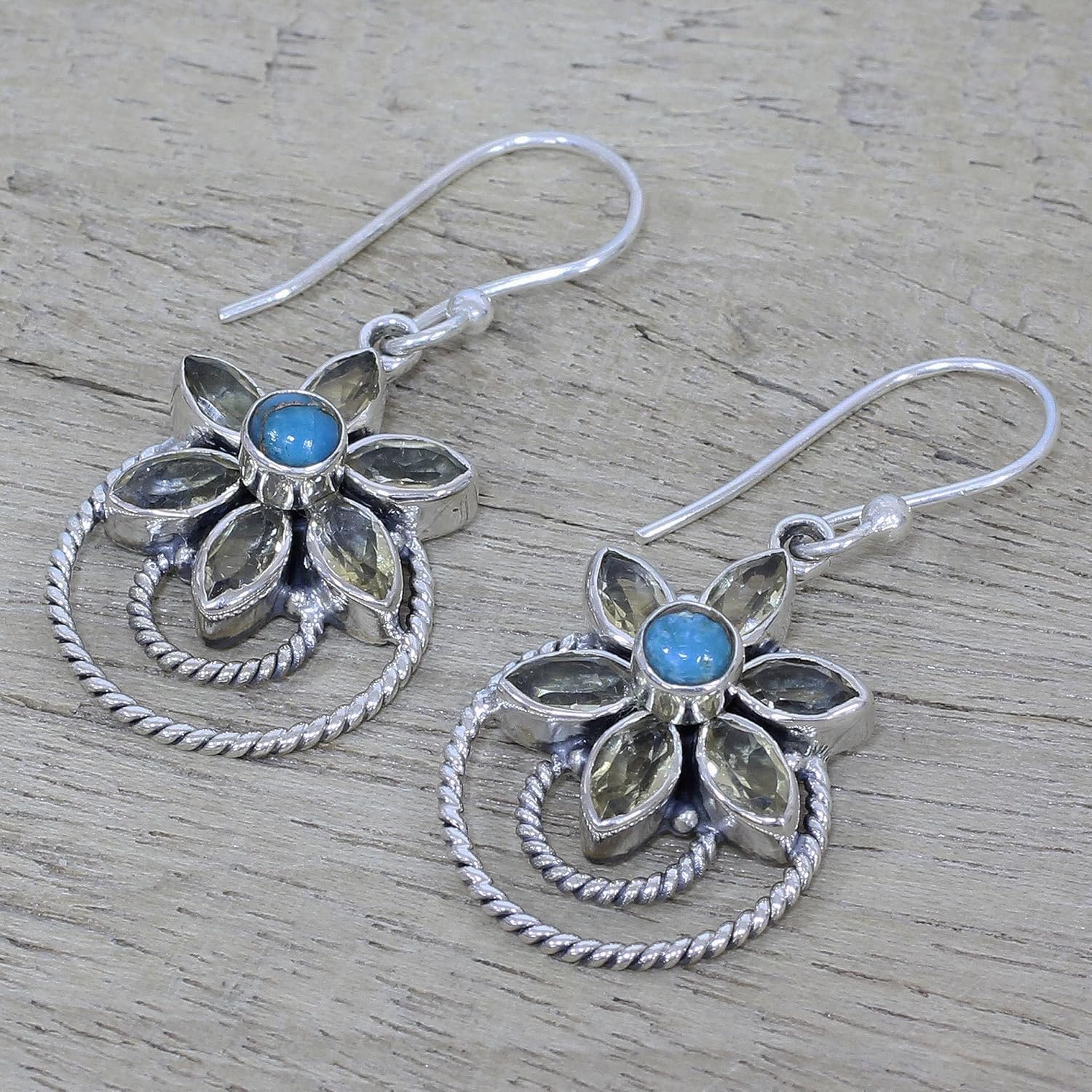 NOVICA Artisan Citrine Dangle Earrings and Composite Turquoise from India Sterling Silver Reconstituted Yellow Blue Floral Birthstone [1.6 in L x 0.7 in W x 0.4 in D] ' Golden Lilies'