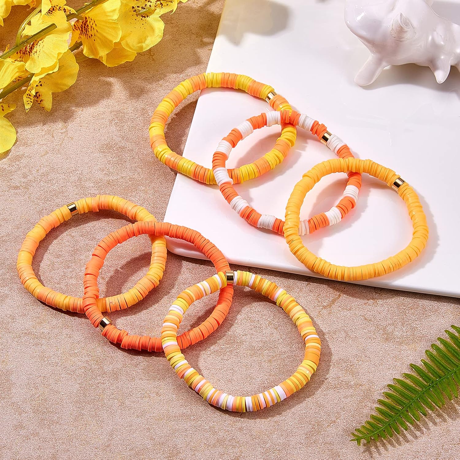 Ornaland 6 Pcs/Set Heishi Surfer Bracelets Set 6mm Polymer Clay Heishi Beads Stretch Bracelets Bohemia Summer Beach Jewelry for Women (Dark Orange) - Image 5