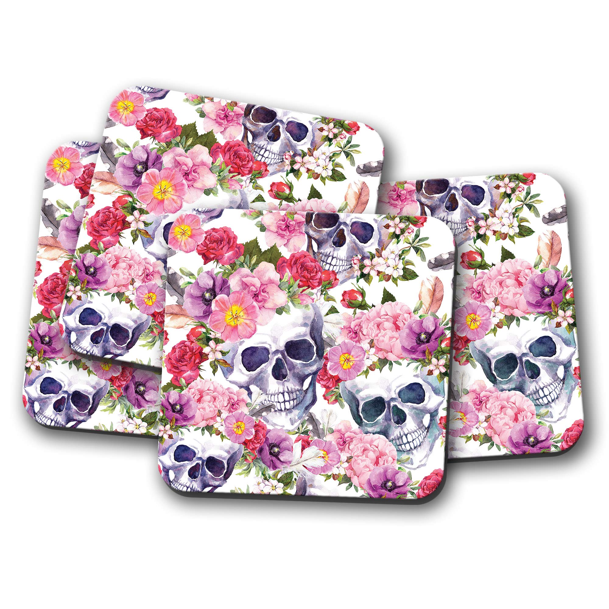 Destinationvinyl Girls Multicolor 4 Set - Flowery Sugar Skull Coaster - Mum Sister Auntie Pink #13088