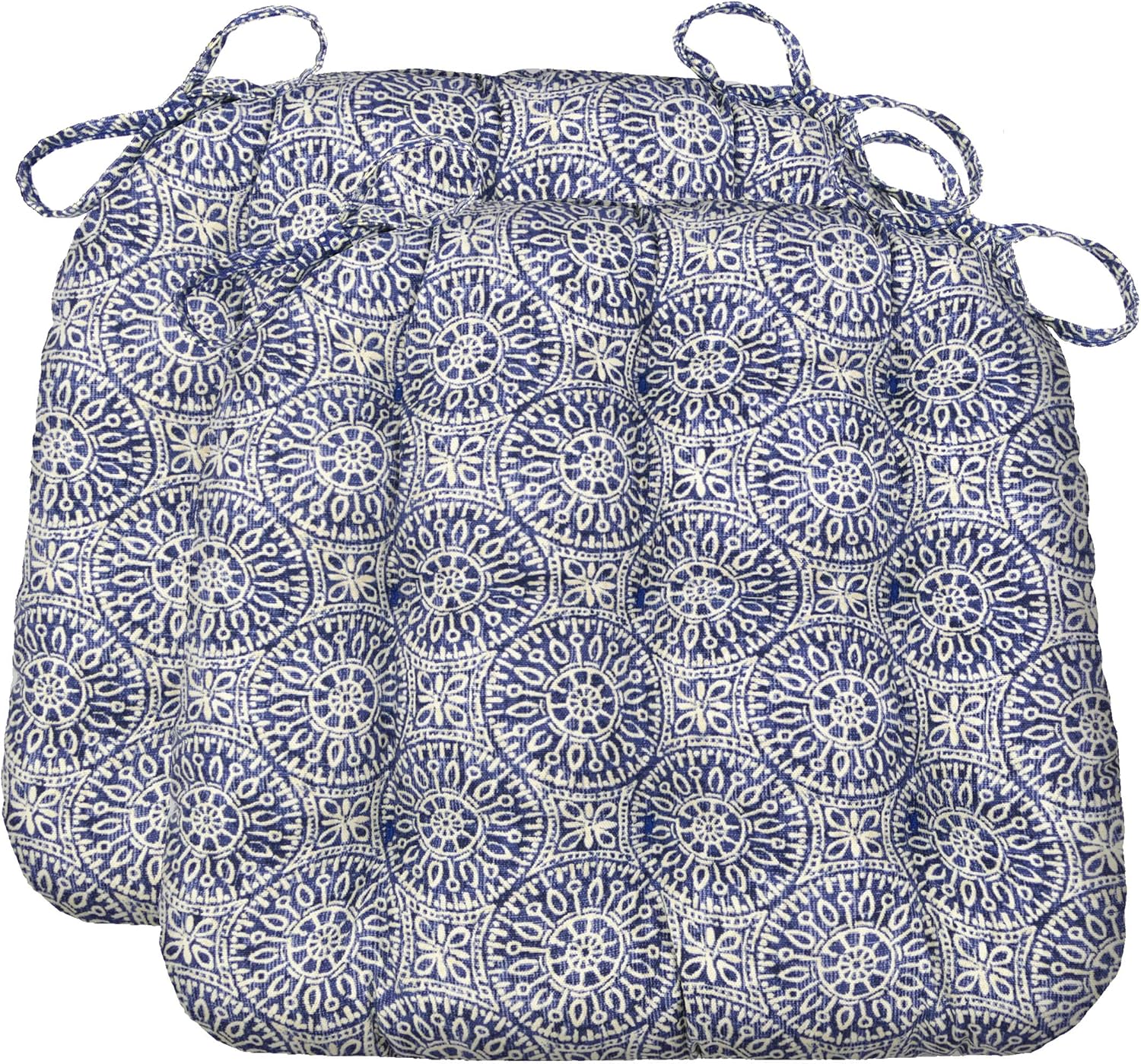 Barnett Home Decor Dining Chair Cushions with Ties  Size Small 15 x 17 - Latex Foam Fill, 100% Cotton, Machine Washable Chair Pads for Kitchen Chairs, Made in USA (Tibet Blue/Pack of 2)