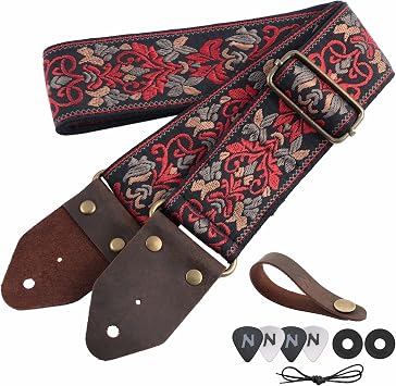Nefelibata Guitar Strap,Jacquard Embroidery Cotton Guitar Straps with Crazy Horse Leather Leather Ends for Bass, Electric & Acoustic, Best Gifts for Kids, GuitaristsRetro Red Flower
