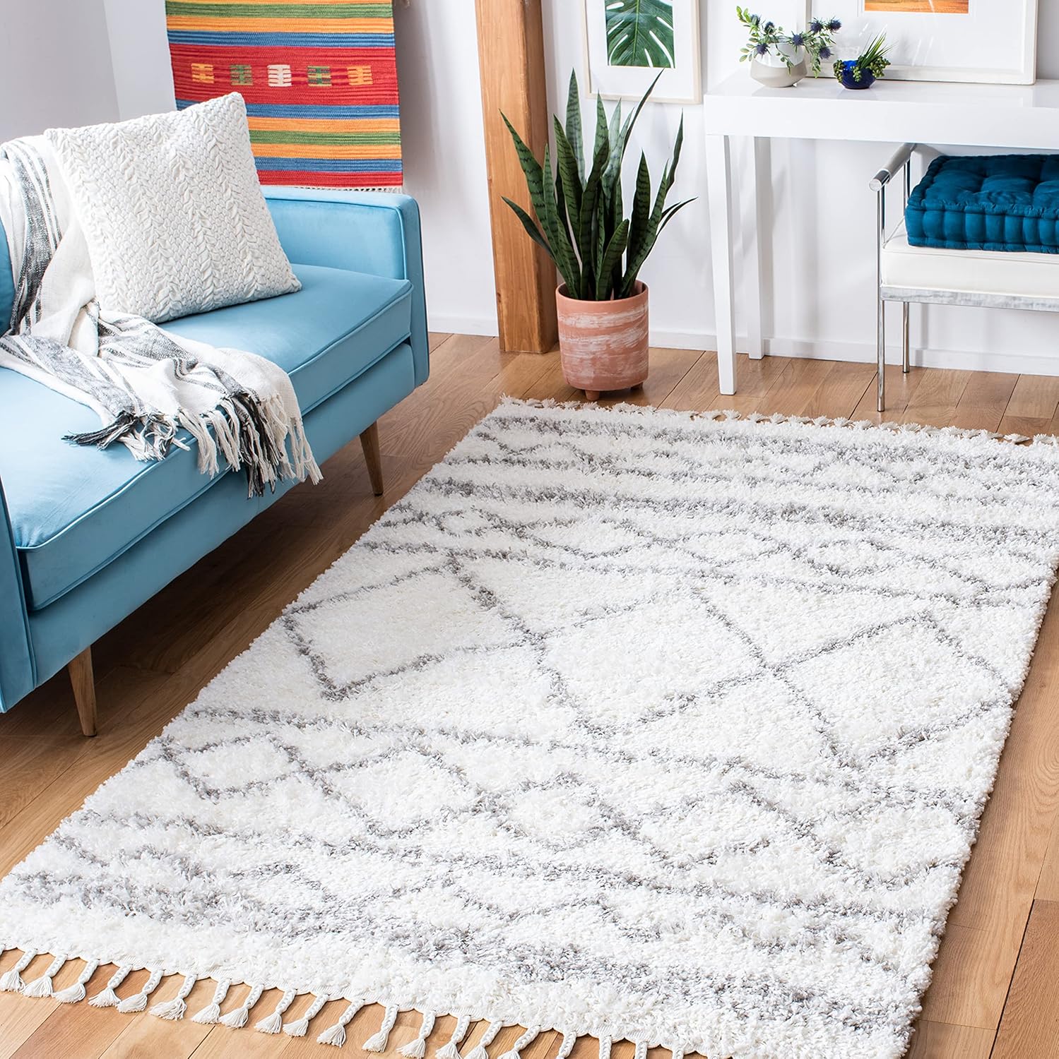 SAFAVIEH Area Rug 8x10 - Pro Luxe Shag Collection - Large - Ivory & Light Grey, Tassel Design, Non-Shedding & Easy Cleaning, Plush Thick Pile, Ideal for Living Room, Bedroom, Dining Space (PLX436A)