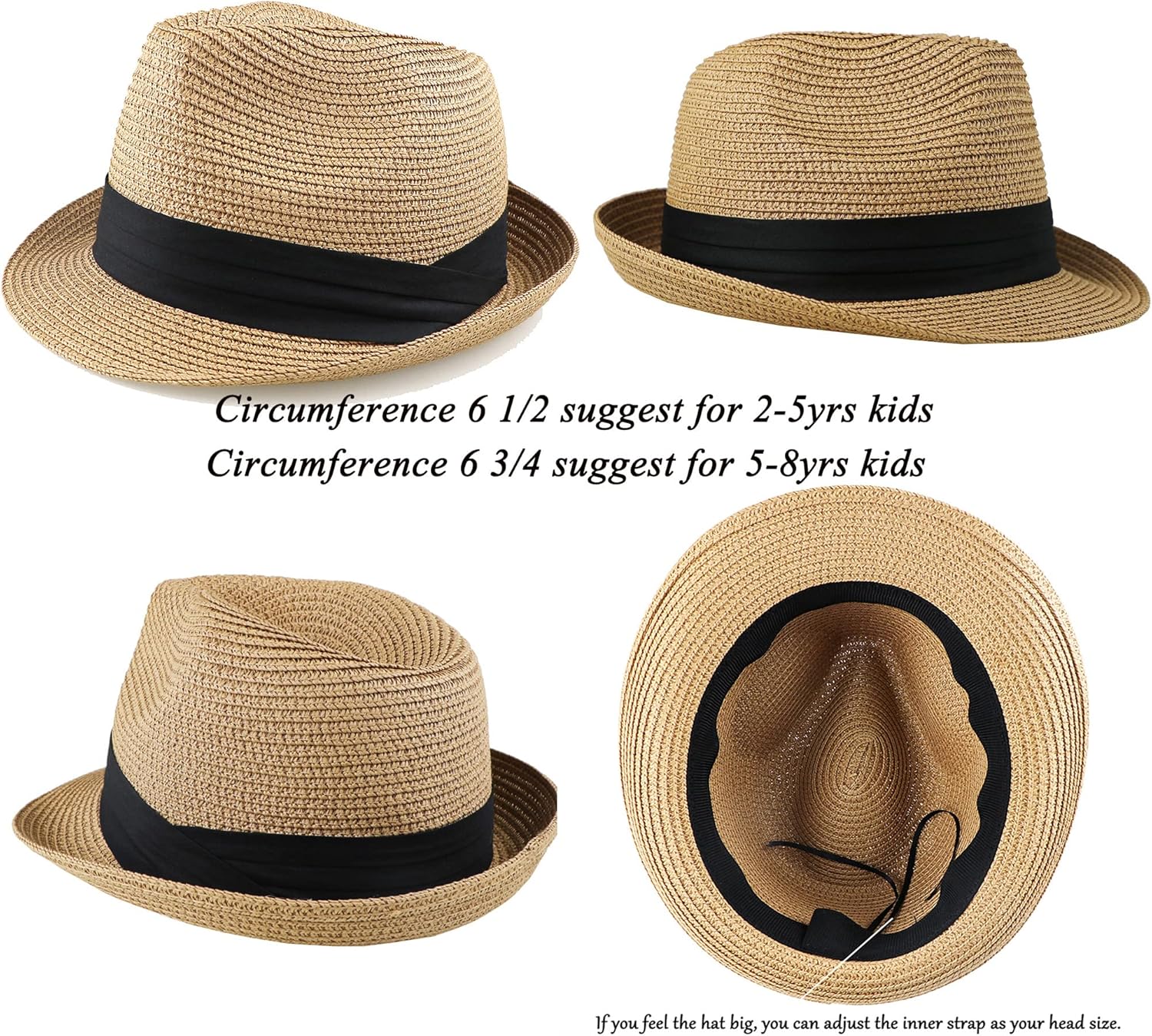 Kids Fedora Straw Sun Beach Fedora Hat Floppy Short Brim for Boys Girls(20.5" for 2-5T; 21.26" for 5-8T) - Image 2