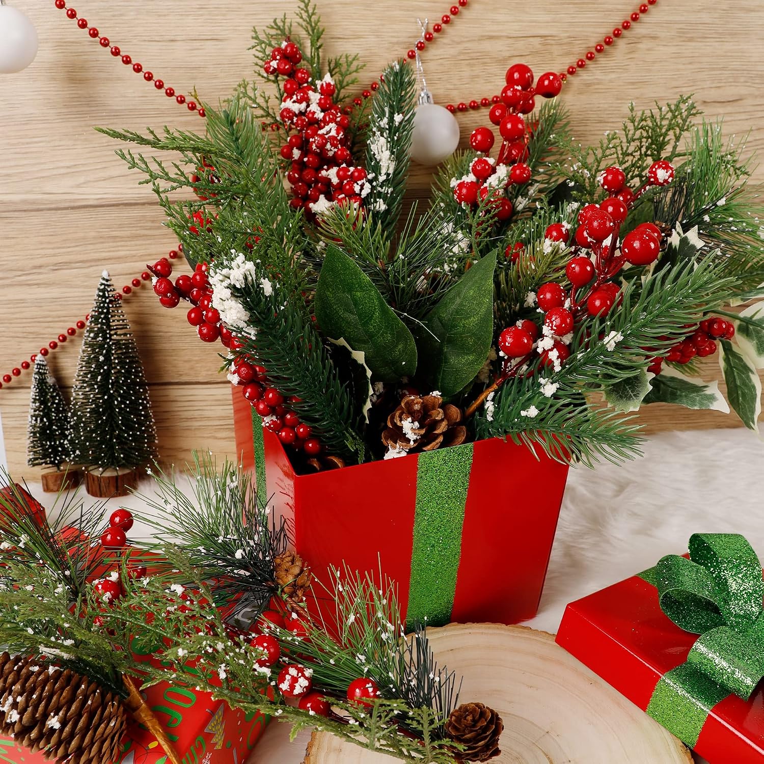 DR.DUDU 12 Packs Holiday Faux Christmas Evergreen for Wreaths, Swags, Topiaries, Elements Include Types of Evergreens, Holly Leaves, Winter Berries, Pine Cones, Laurel Leaf (6 Styles, 12-14 in)
