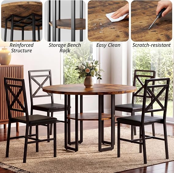 IRONCK Dining Table Set for 4, 47.2 inch Round Kitchen Table and 4 Chairs