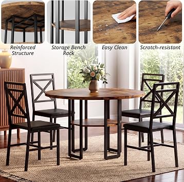IRONCK Dining Table Set for 4, 47.2 inch Round Kitchen Table and 4 Chairs