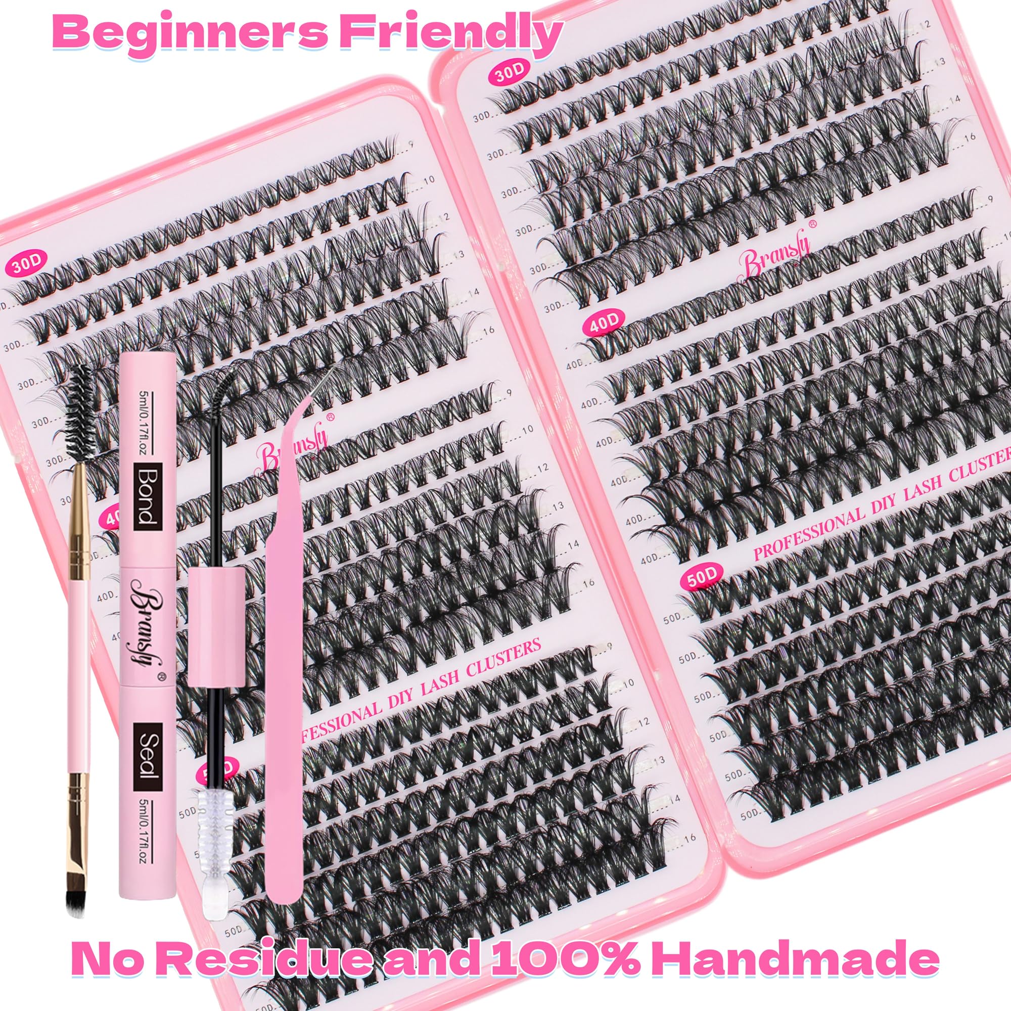 Bransfy 3 Styles 720pcs Lash Clusters Kit DIY Lash Extension Kit D Curl Eyelash Extensions 9-16MM Cluster Lashes with Waterproof Lash Bond and Seal Tweezers(30D+40D+50D,Kit) - Image 4