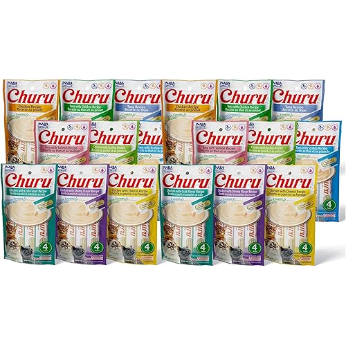 INABA Churu Cat Treats, Grain-Free, Lickable, Squeezable Creamy Purée Cat Treat/Topper with Vitamin E & Taurine, 0.5 Ounces Each Tube, 72 Tubes (4 per Pack), 9 Flavor Variety