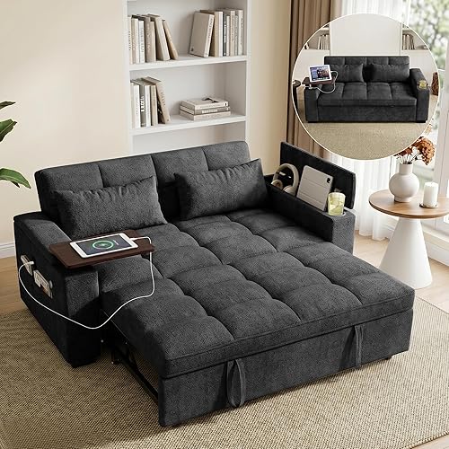 68'' Sleeper Sofa Bed, Pull Out Couch with 360° Swivel Side Table | USB Port | Adjustable Backrest | Cup Holder | Chenille Fabric Loveseat for Living Room, Apartment, Office (Black)