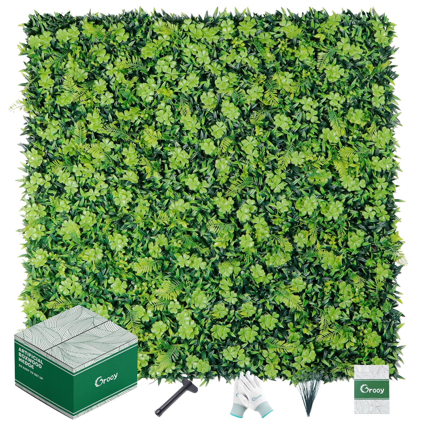 Grass Wall 20"x20" Pack of 16, Artificial Boxwood Panels with Lucky Clover, Privacy Hedge Fence Screen, Greenery Backdrop for Indoor Home St.Patrick Decor and Outdoor Garden Backyard