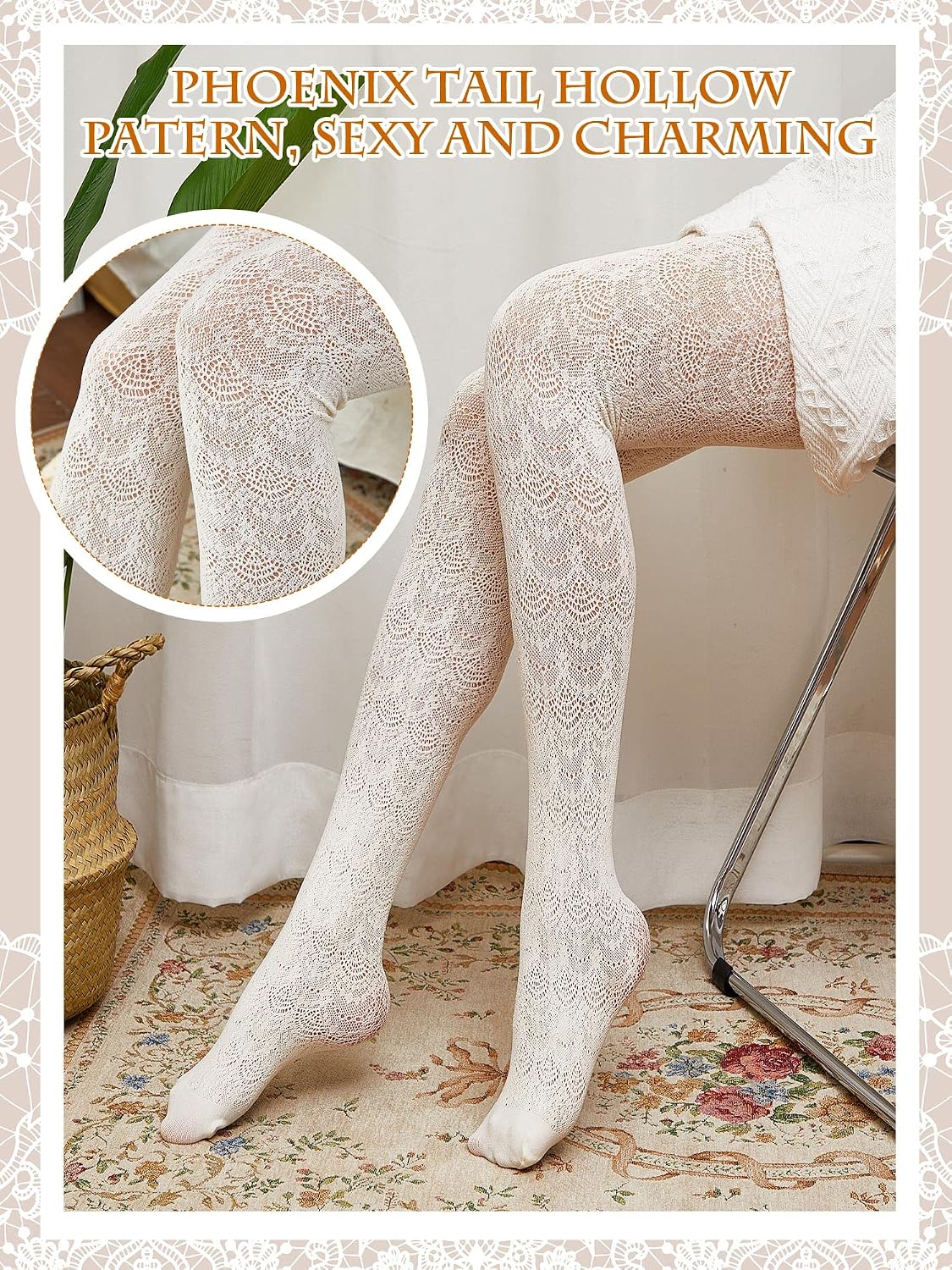 Jiuguva 2/4 Pairs White Lace Tight Hollow out Knitted Patterned Tight for Women Lace Heart Stockings Fishnet Bridal Pantyhose